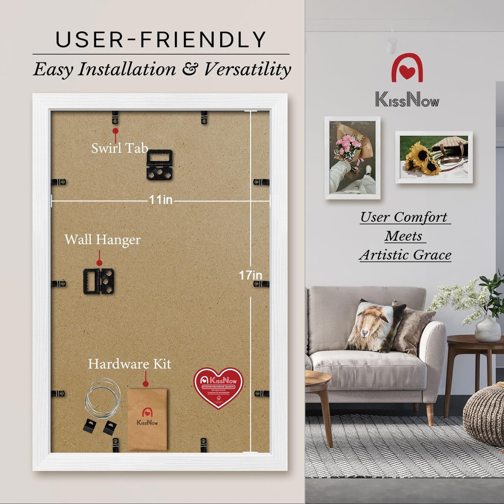 11x17 Picture Frame 2 Pack, Textured White Solid Wood, Wall Gallery Poster Frame