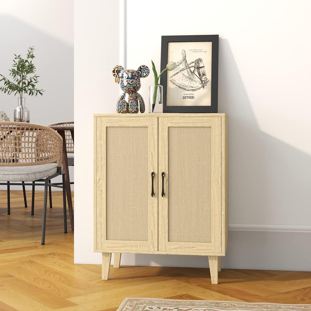 Buffet Cabinet Sideboard W/ Rattan Decorated Doors Kitchen Storage Cupboard New