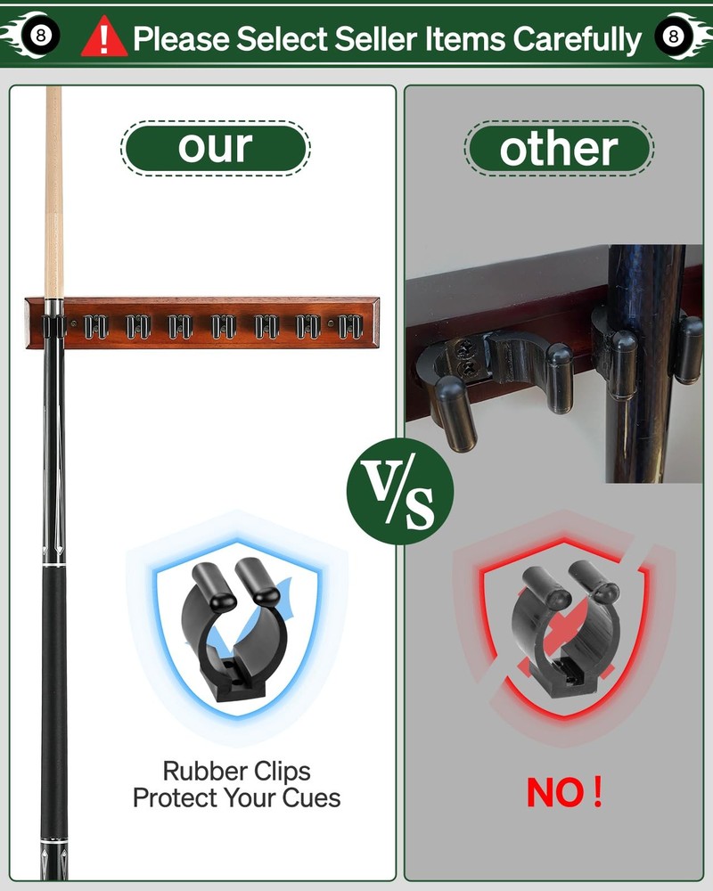 EXTCCT Wall Mount Pool Stick Holder - Billiards Cue Rack 8, Brown