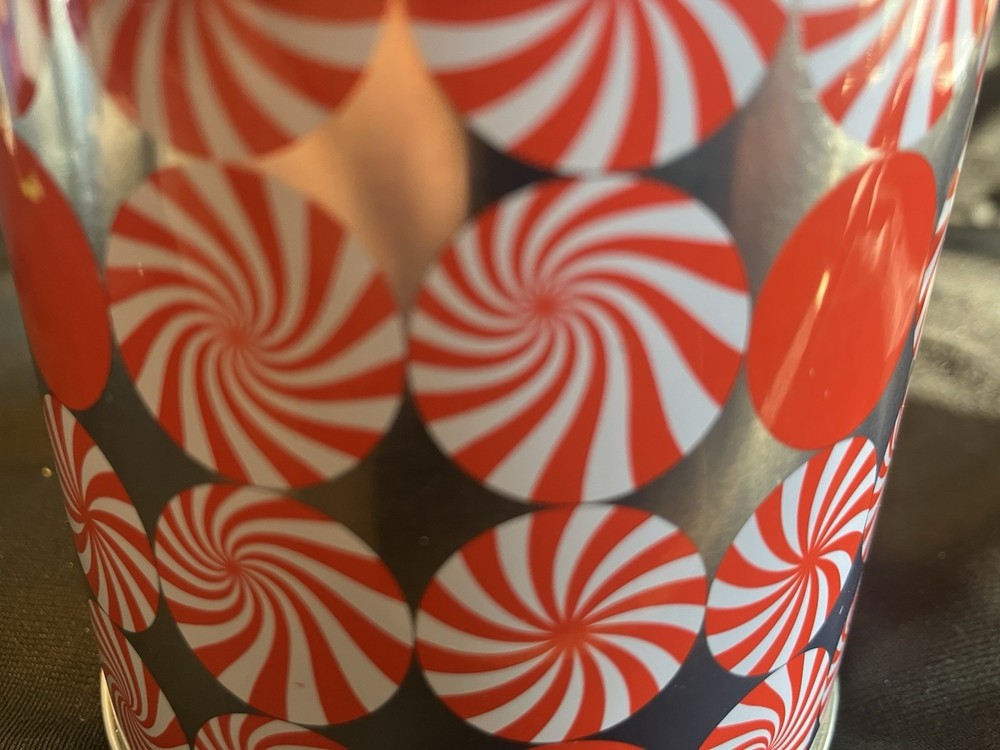 CLINIQUE Empty Tin Can Container w/ Red + White Peppermint Candy Design Storage