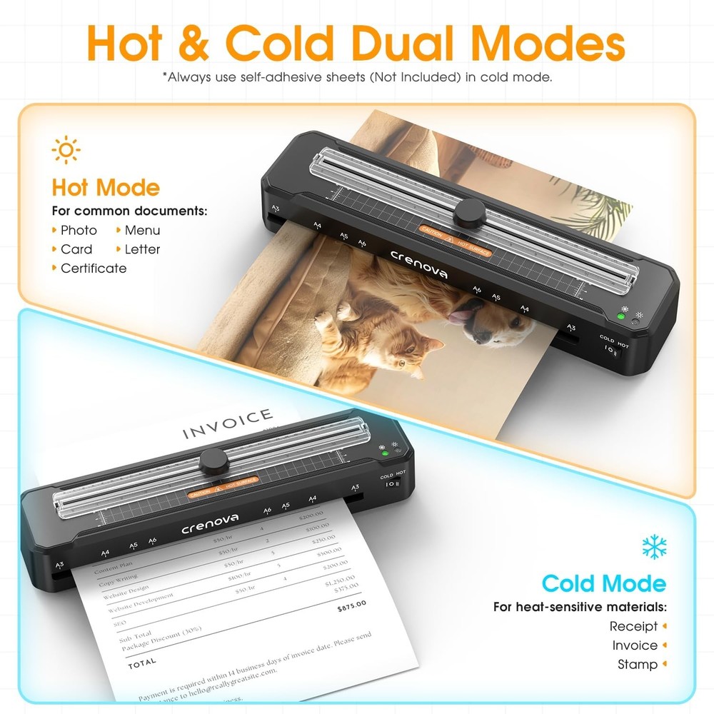 Crenova Laminator Machine with 12 Laminating Sheets, A3 Laminating Machine Ho...