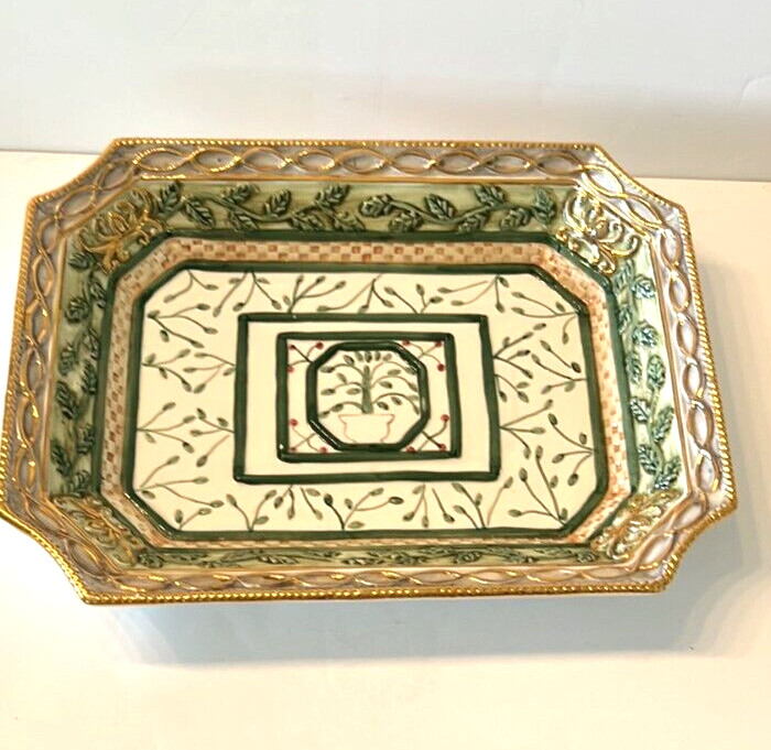 CIB Serving Platter - Green Leaf Design With Gold Tone Trim