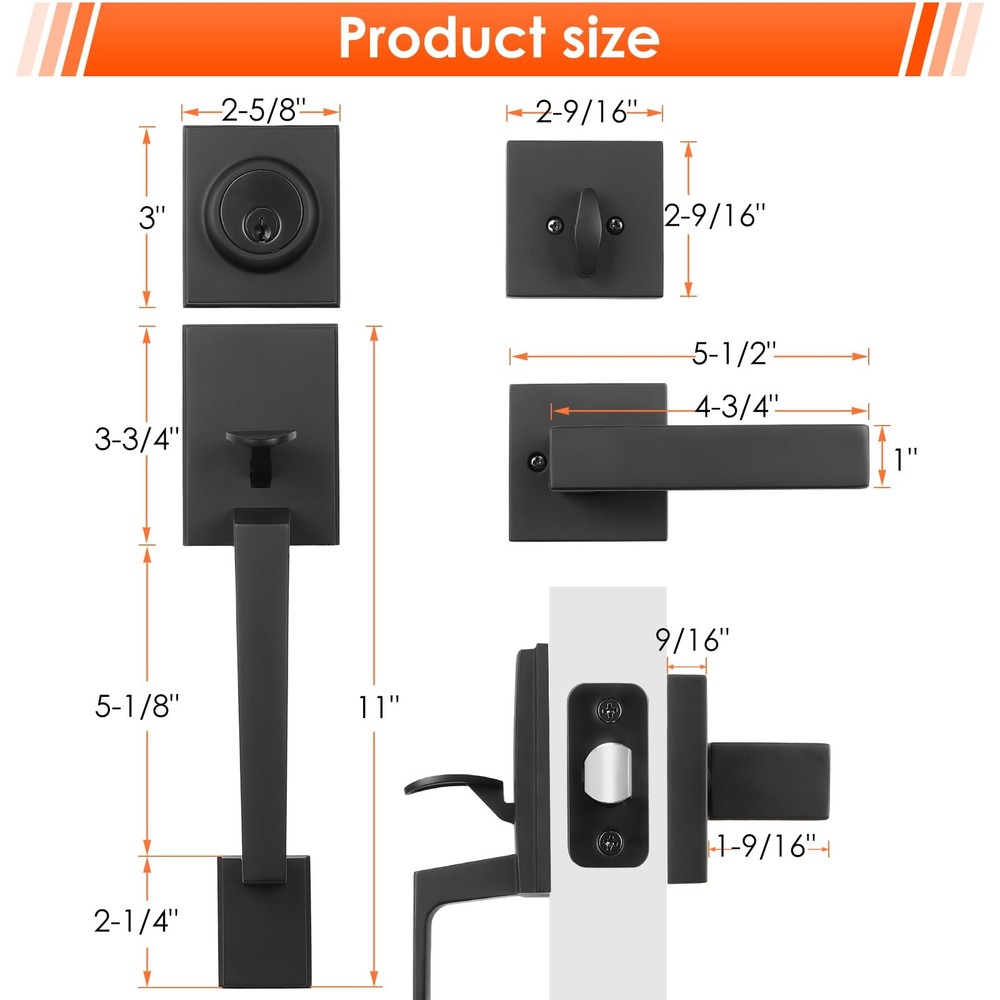 Haidms Black Front Door Handle Square with Deadbolt, Matte