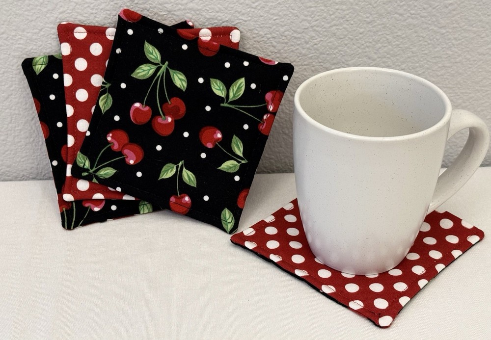 Fruit Cherry Polka Dot Drink Coasters Reversible Spring Summer Red Black Set 4