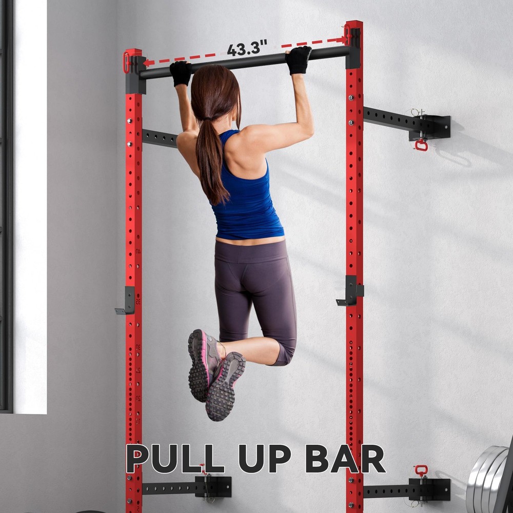 Folding Squat Rack with Adjustable Pull-Up Bar, 1000 Pounds Capacity Wall Mou...
