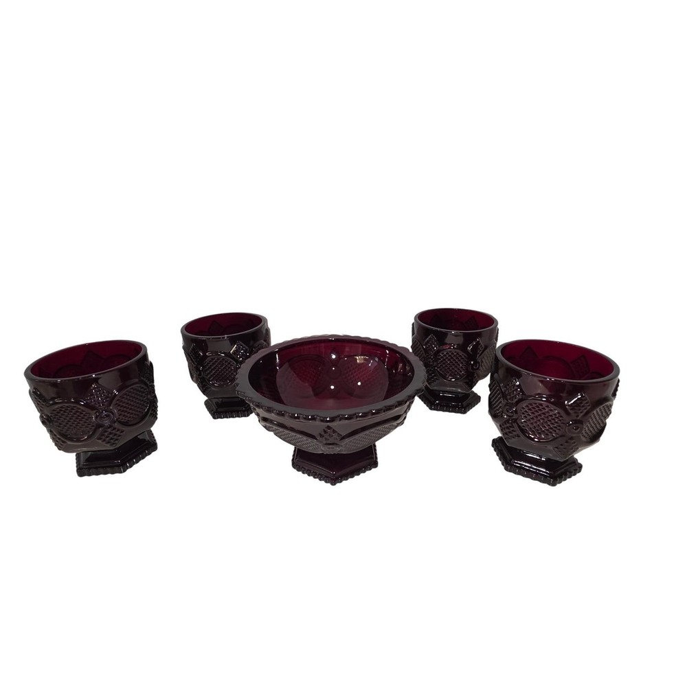 Anchor Hocking Platter + 5pc Avon 1876 Cape Cod Ruby Red Glass Bowl & 4 Glasses