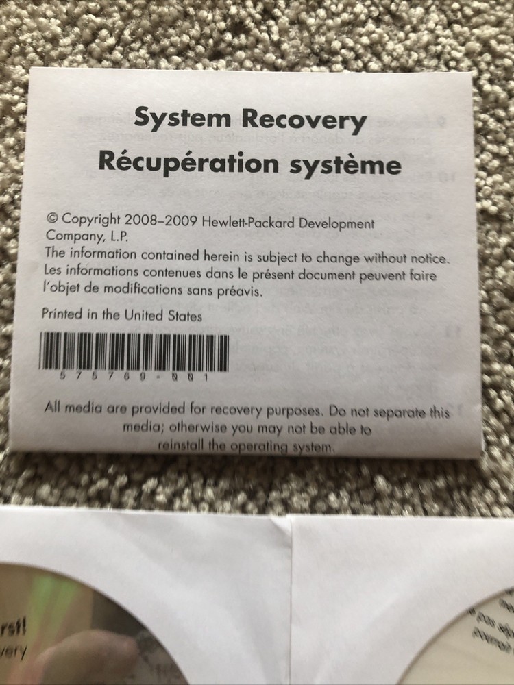 HP Windows 7 System Recovery Discs with Instruction paperwork