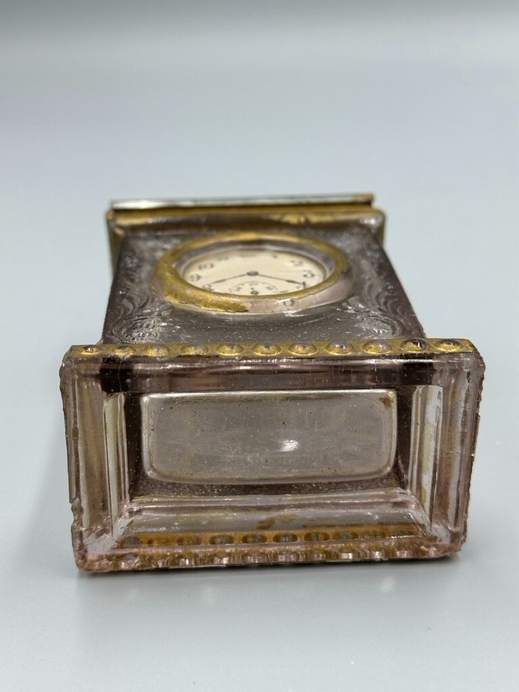 1910s MANTEL CLOCK Glass CANDY CONTAINER Antique A&E 164