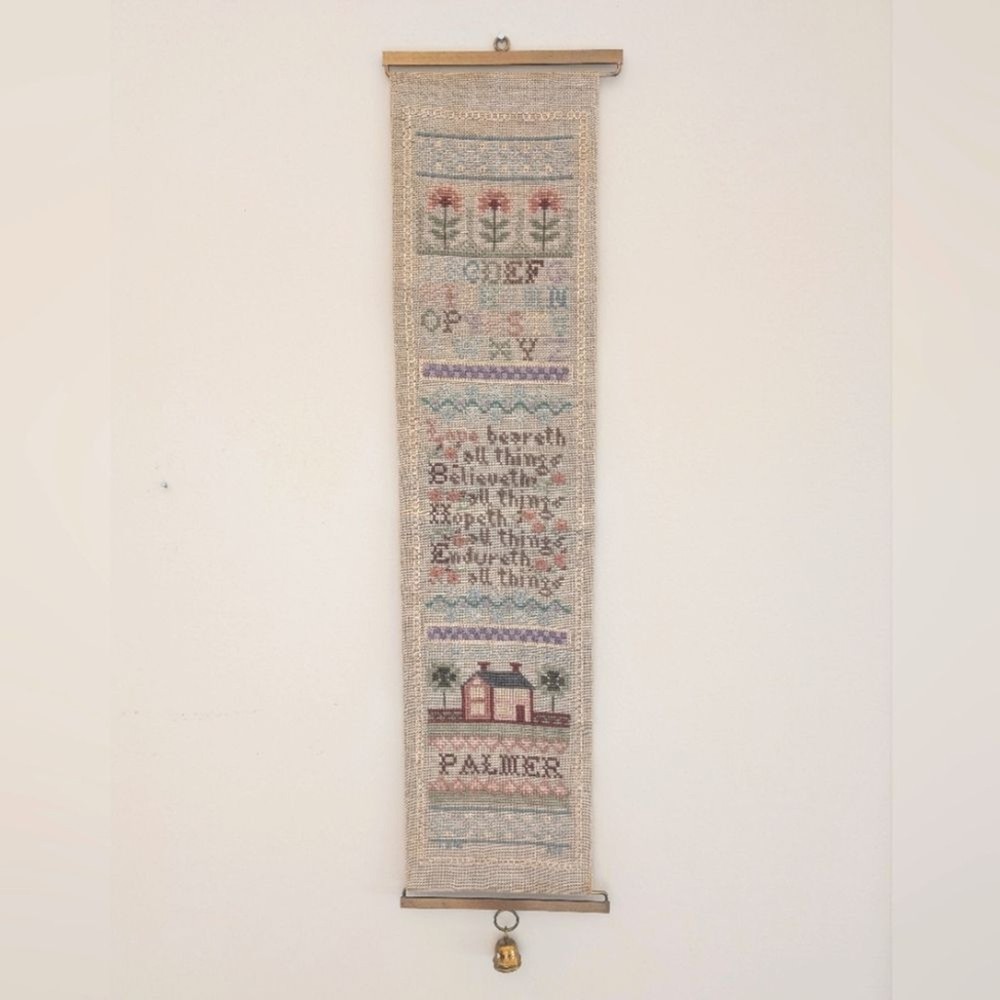 Cross Stitch Sampler Bell Pull Banner Completed Farm House Palmer