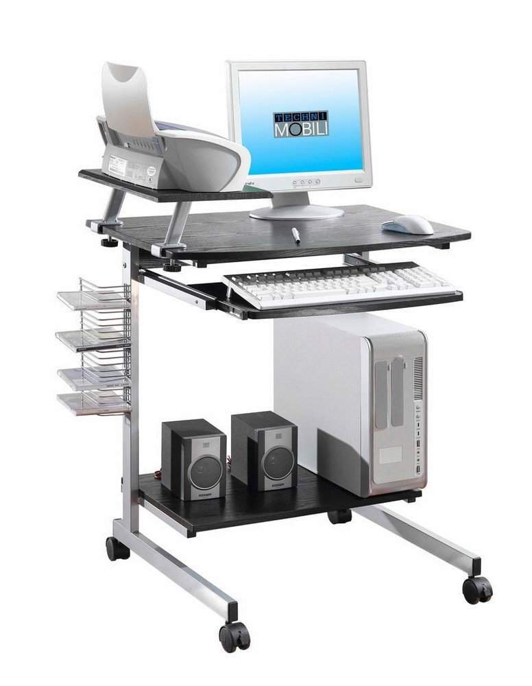 Compact Mobile Computer Desk with a Pullout Keyboard Tray and Shelf in Espresso