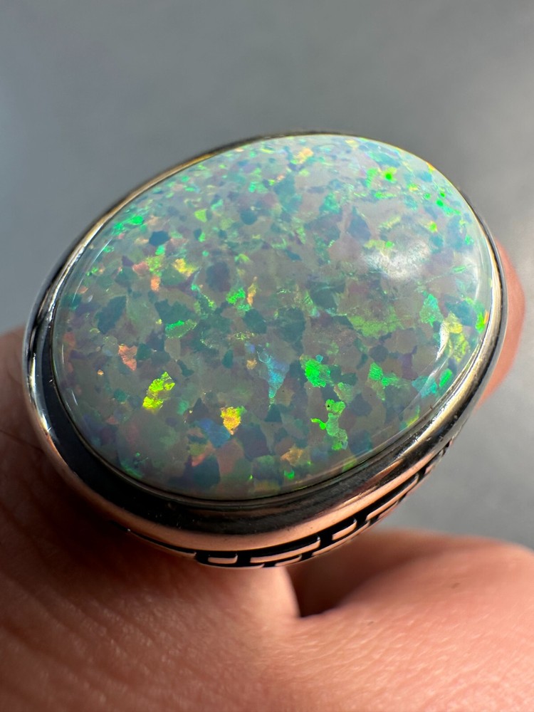 Real 925 Sterling Silver Lab Created White Fire Opal Gem Stone Ring Large Mens