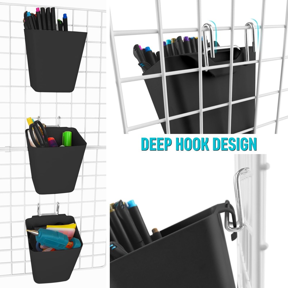Large Grid Wall Bins - 6Pack Black Gridwall Hanging Cups with Back Hooks - Pl...