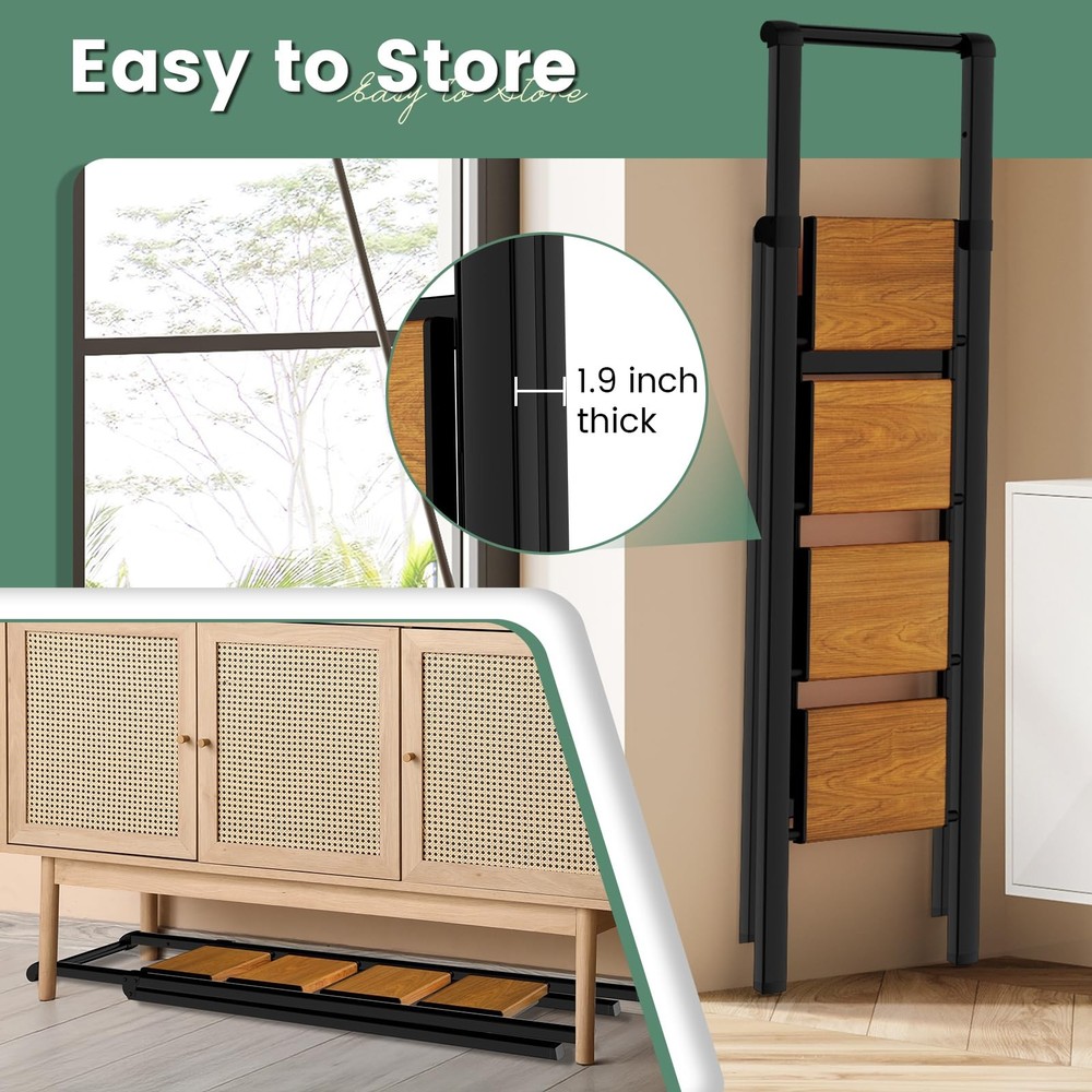 Step Ladder 4 Step Folding with Handle, Kitchen Step Stool for Adults, Alumin...