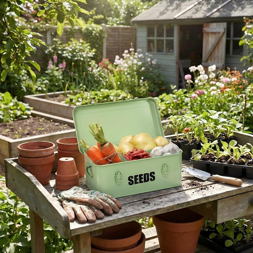 Seed Storage Organizer Box with 4 Compartments, Large Metal Seed Packet Conta...