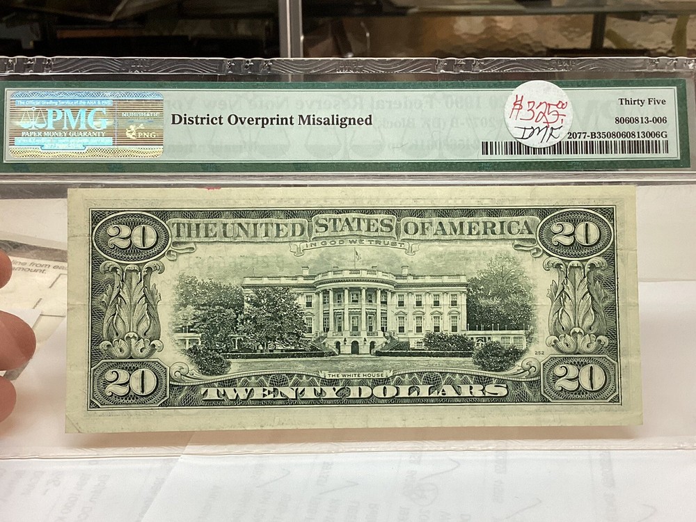 $20 1990 PMG 35 Misalignment Error District Overprint Fr#2077-B