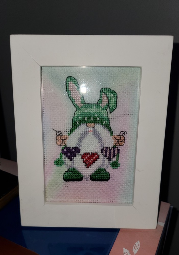 Bunny Easter Gnome with heartstring On Custom Fabric Framed