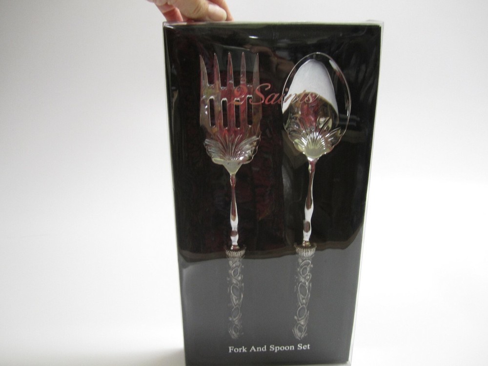 2 Saints Silver Serving Salad Fork & Spoon Set Ornate Black & Crystal Handles