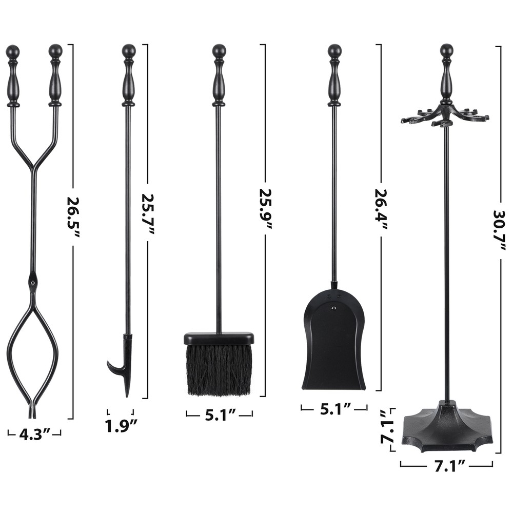 5PCS Fireplace Tools Set Wrought Iron Fire Place Accessories Holder with Handles