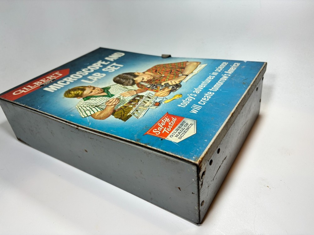Vintage Gilbert Microscope & Lab Set Metal Box 13072 Experiment Science Tin Box