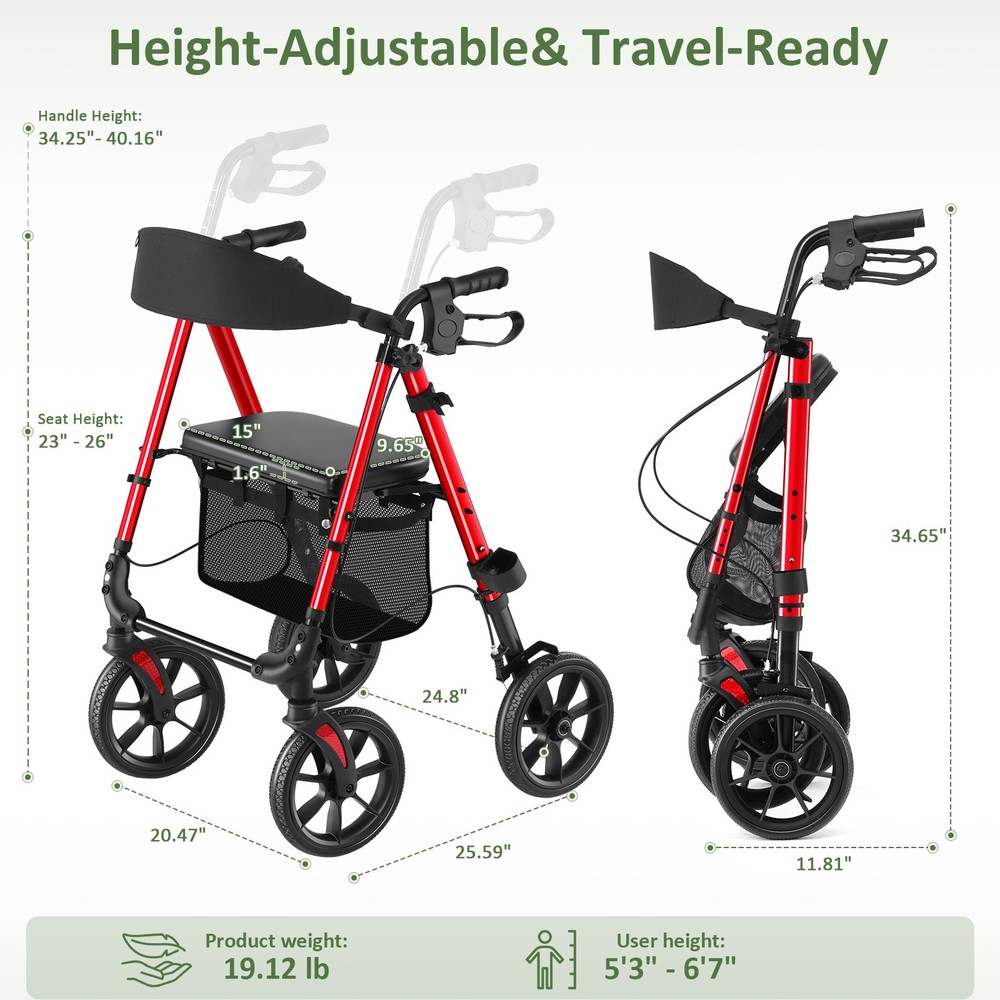 Rollator Walker with 10" Big Wheels - All Terrain, Foldable Adjustable,Reinforce