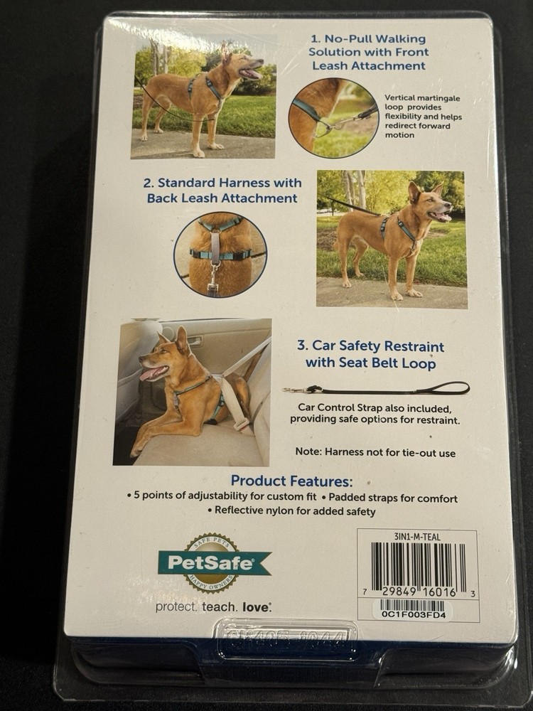Petsafe 3 In 1 Harness, No Pull, Standard & Car Restraint, Medium, Teal color