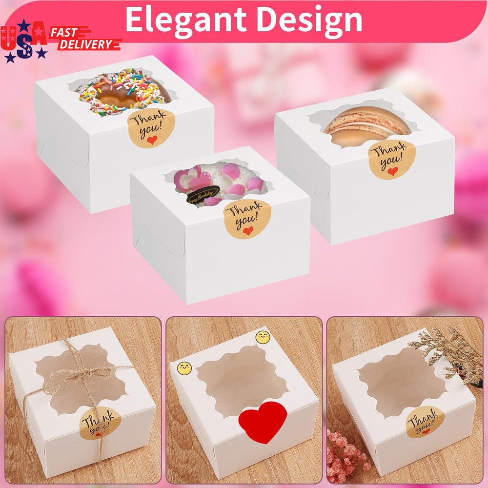 24Pcs White Cookie Boxes, 4X4X2.5 Inches Bakery Boxes with Window, for Mini Cake