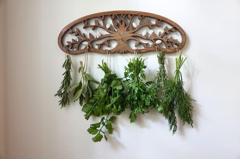 Rustic Herb Drying Rack Hanging - Artistic Life Tree Design for Kitchen Witch...