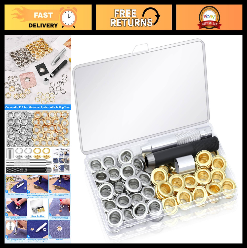 120 Sets Grommet Tool Kit 1/2 Inch - Eyelets, Setting Tools & Storage Box for Fa