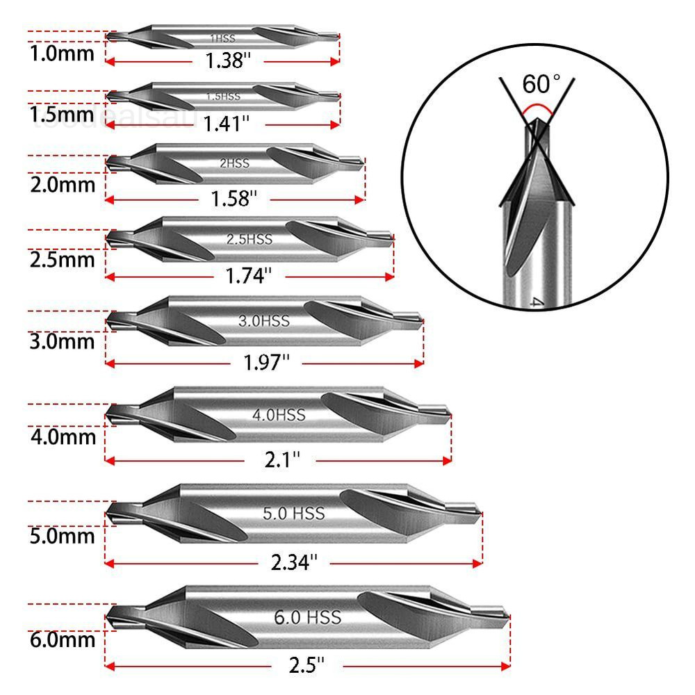 8 PCS Center Drill Bits Set, Countersink Tools for Lathe Metalworking 60 Degree.