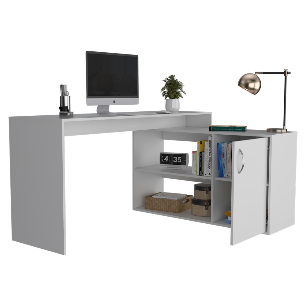 Modern L-Shape Desk - Open & Closed Storage - Home Office Workstation -White