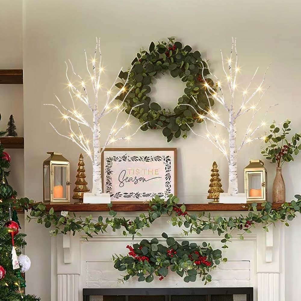 EAMBRITE Lighted Birch Tree Easter Decorations for Home, 2Pack 24 2ft, White