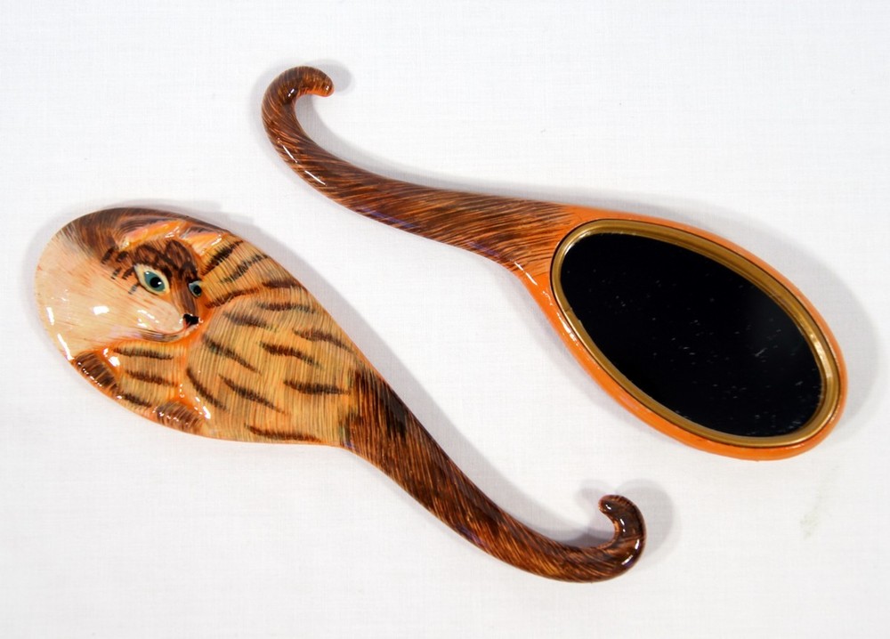 Hand Painted Handheld Mirror Brown Orange Cat Design 014C