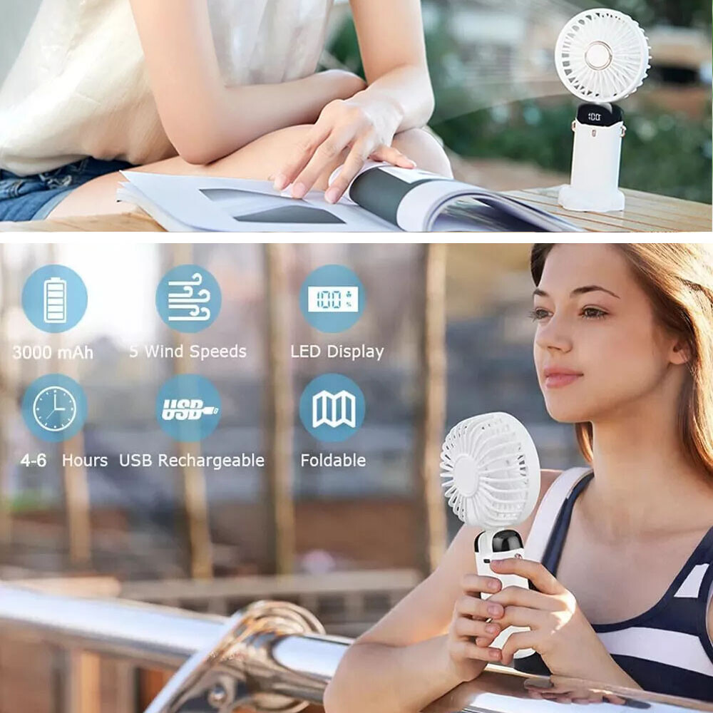 White Mini Handheld Fan USB Rechargeable Digital Display,5 Wind Modes,Foldable