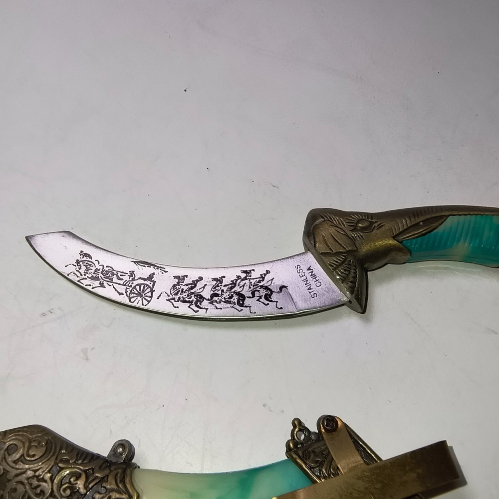 Chinese DAGGER STAINLESS INSCRIBED BLADE 4''ELEPHANT HEAD RUBY STONE & SHEATH