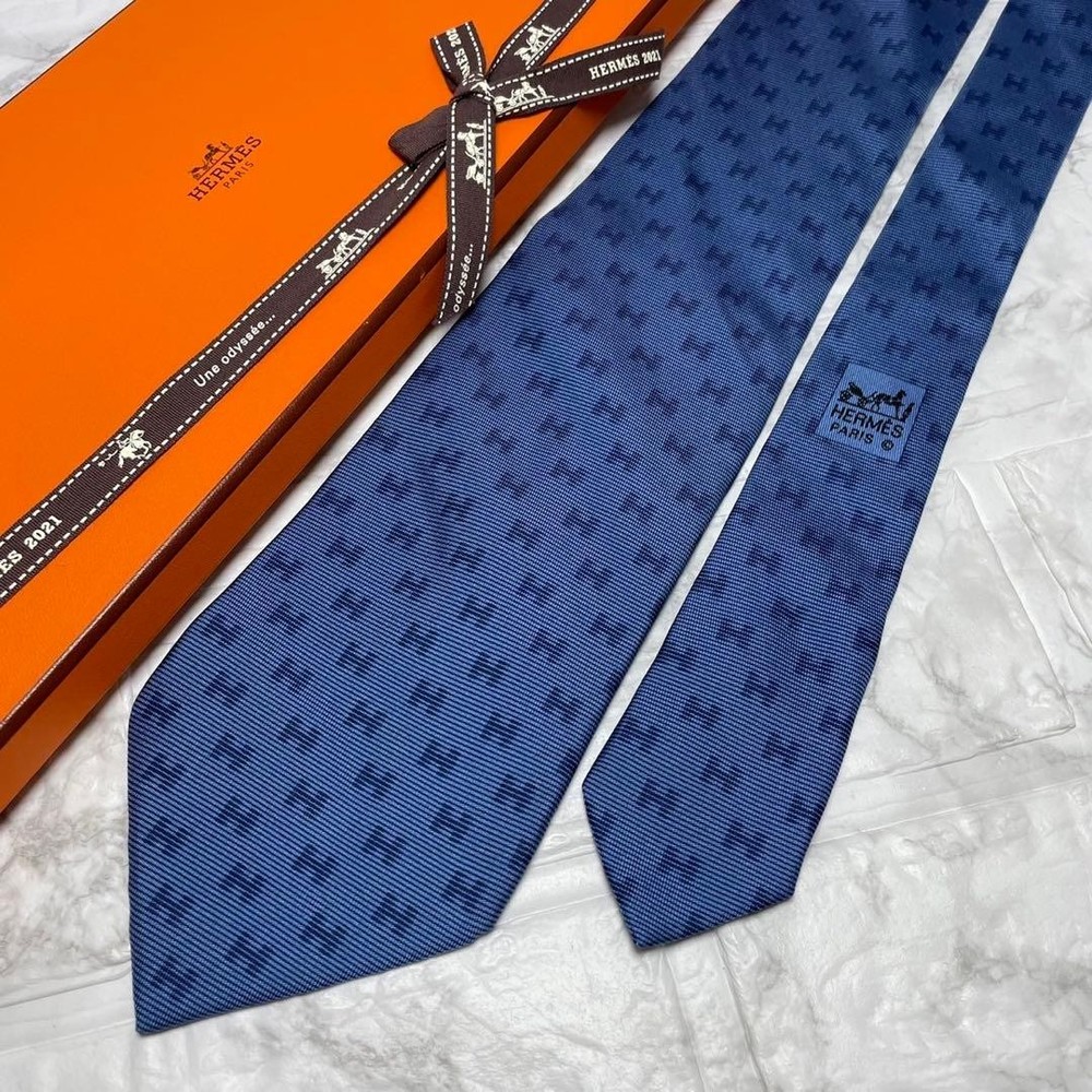 HERMES Tie H Pattern Silk Blue
