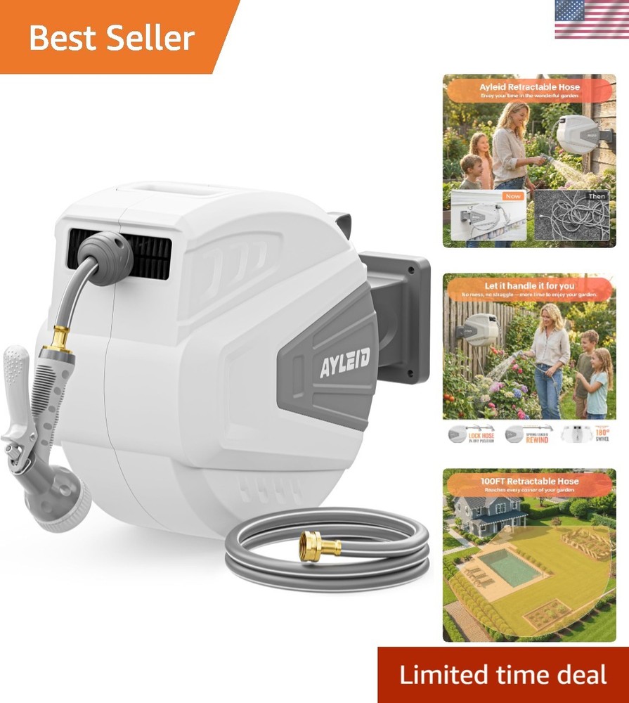 Wall Mounted 100 ft Retractable Hose Reel - 9 Settings for All Needs