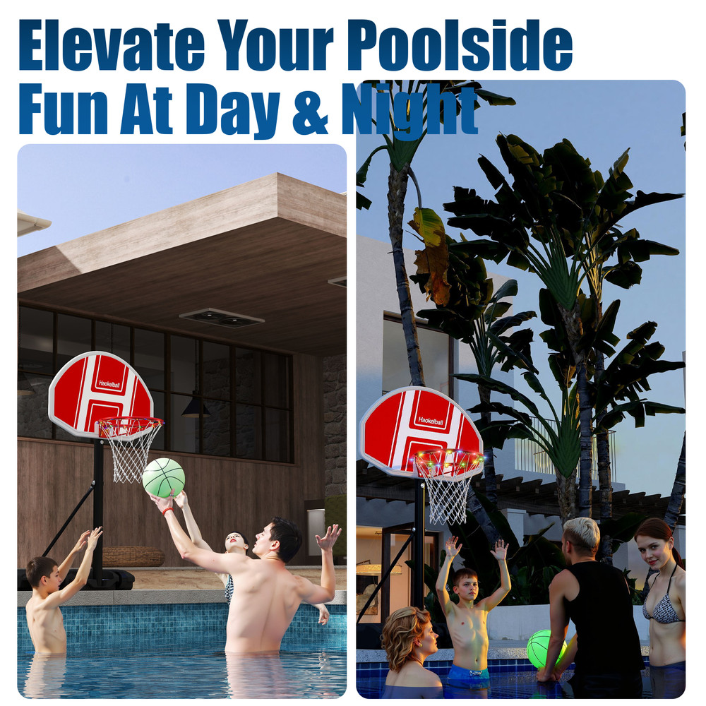 Pool Side Basketball Hoop Adjustable Height LED String Light Swimming Pool Game