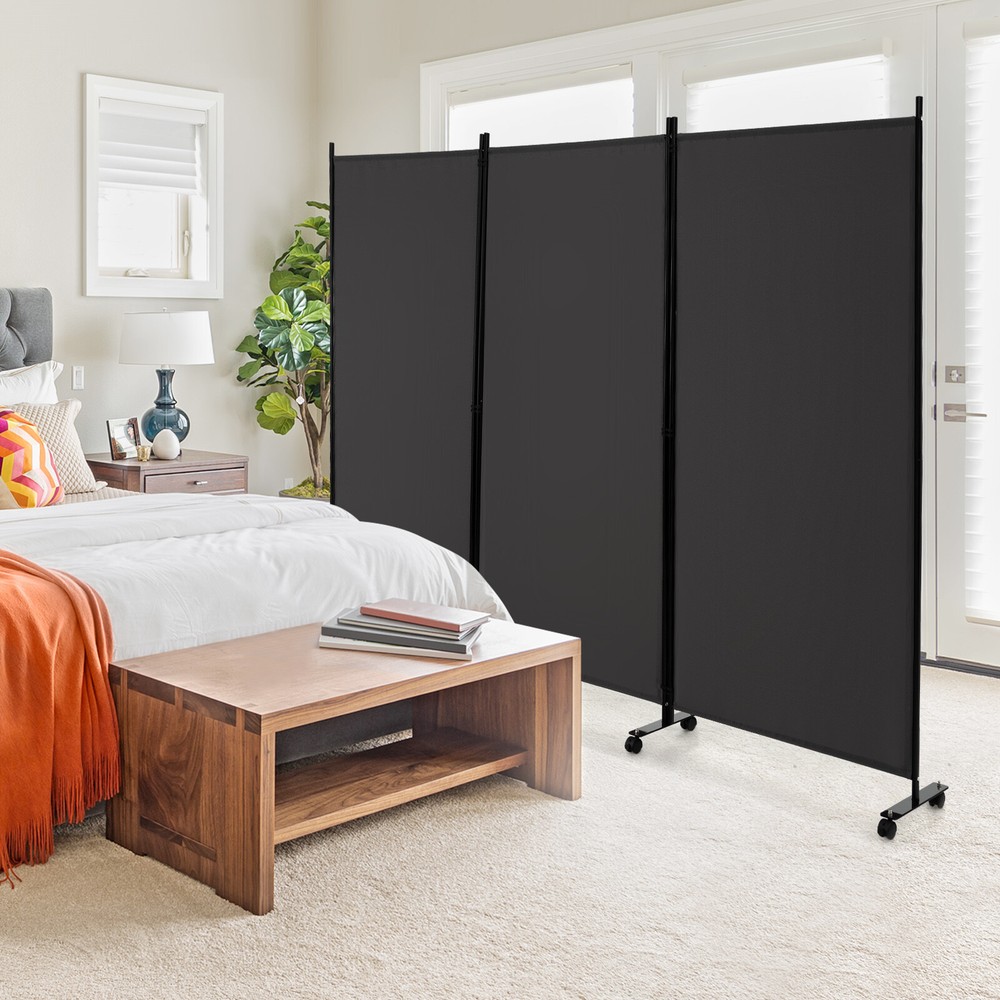 3-Panel Folding Room Divider 6Ft Rolling Privacy Screen w/Lockable Wheels Grey