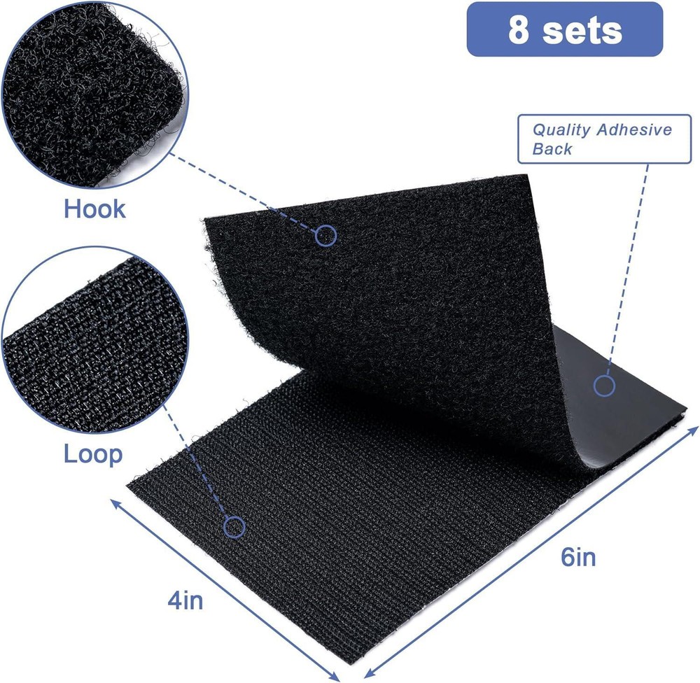 8 Sets Heavy Duty Hook & Loop Adhesive Strips: Sticky Back Fastener 4x6 " Black