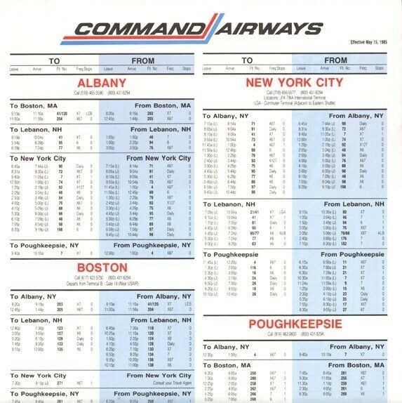 Command Airways timetable 1985/05/15