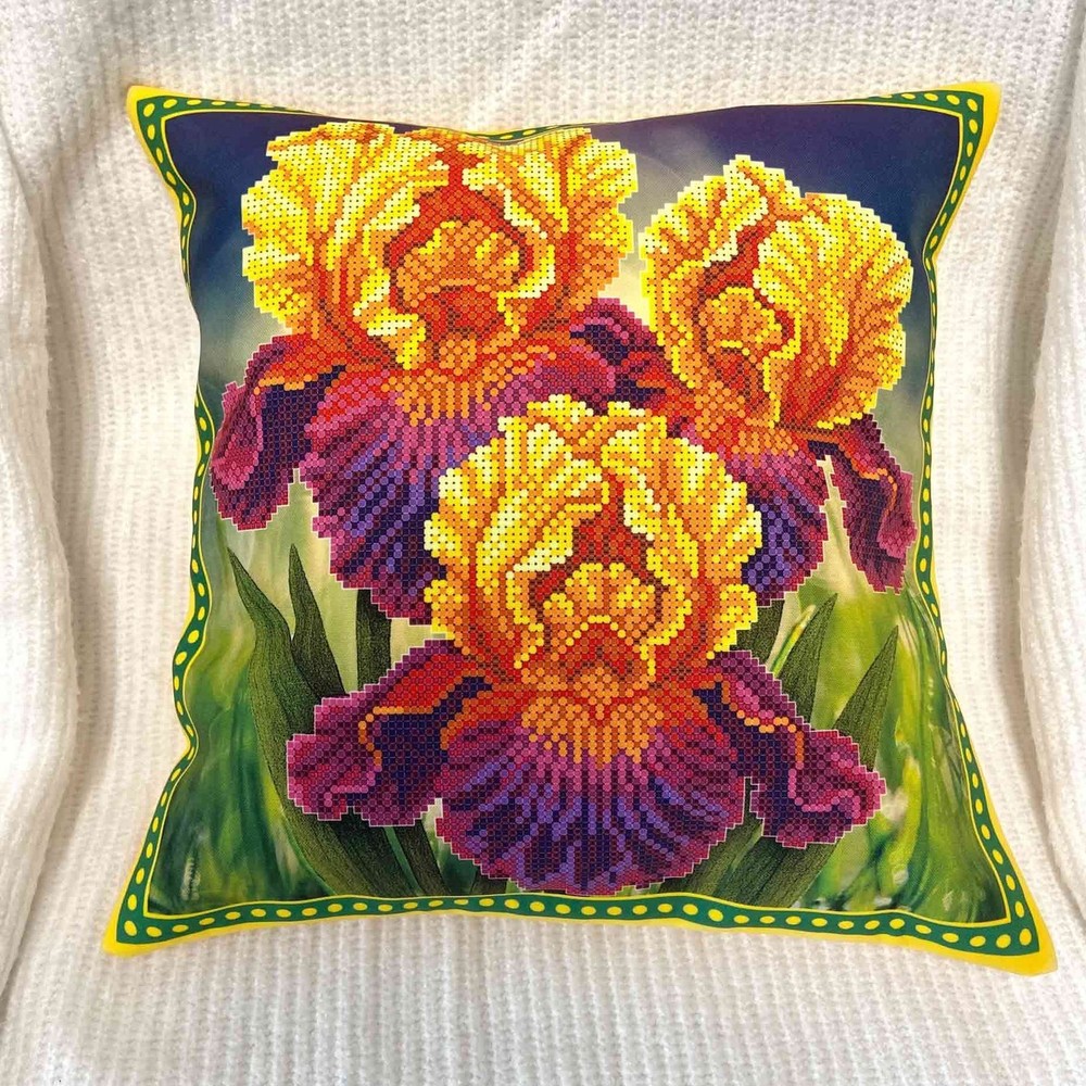 Bead embroidery pillowcase kit "Yellow-purple irises"