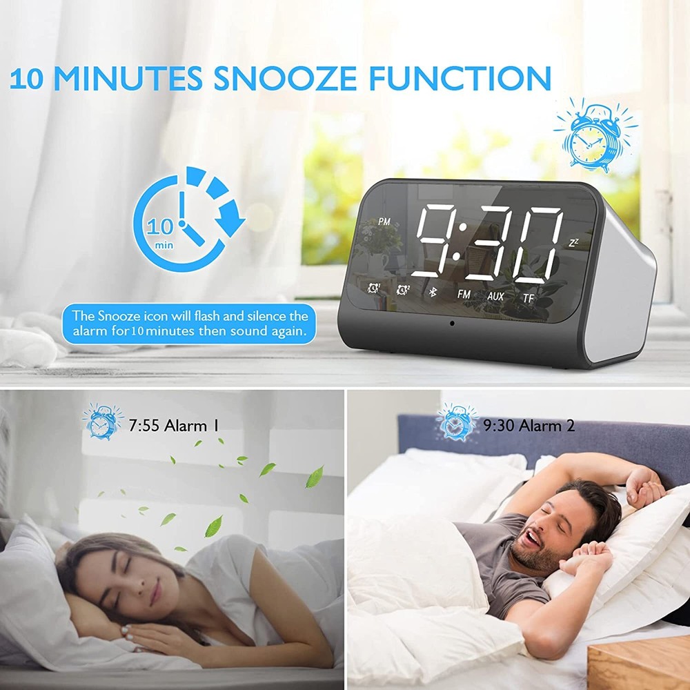 Yariaii Mirror Front Digital Alarm Clock with Bluetooth Speaker