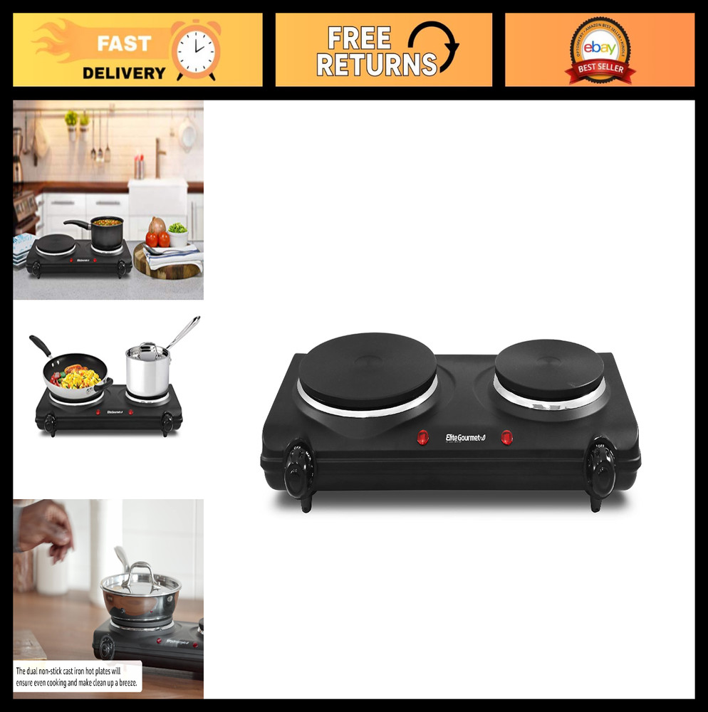 Double Cast Iron Burner Electric Hot Plate 1500W, Temp Control, Easy Clean, Blac