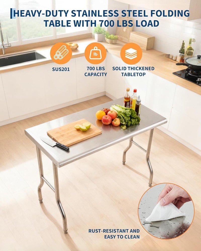 Multi-Purpose Stainless Steel Work Table 48x24in,Foldable, Extra Storage Surface