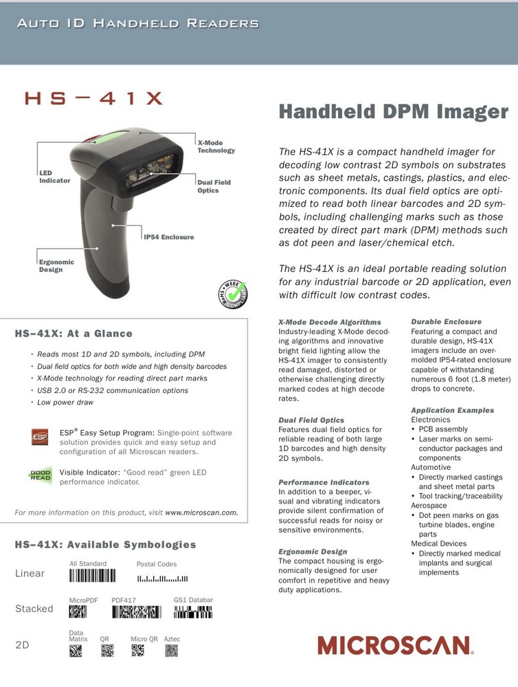 OMRON Microscan FIS-HS41X-0001G DMP Handheld Barcode Reader Barcode Scanner