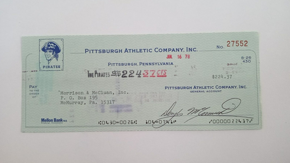 Morrison & McCluan, Inc.: 1978 Pittsburgh Pirates Expense Check