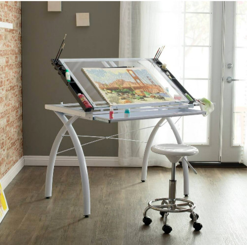 Table Drafting Glass Adjustable Tempered Top Storage Black Drawers Printing New