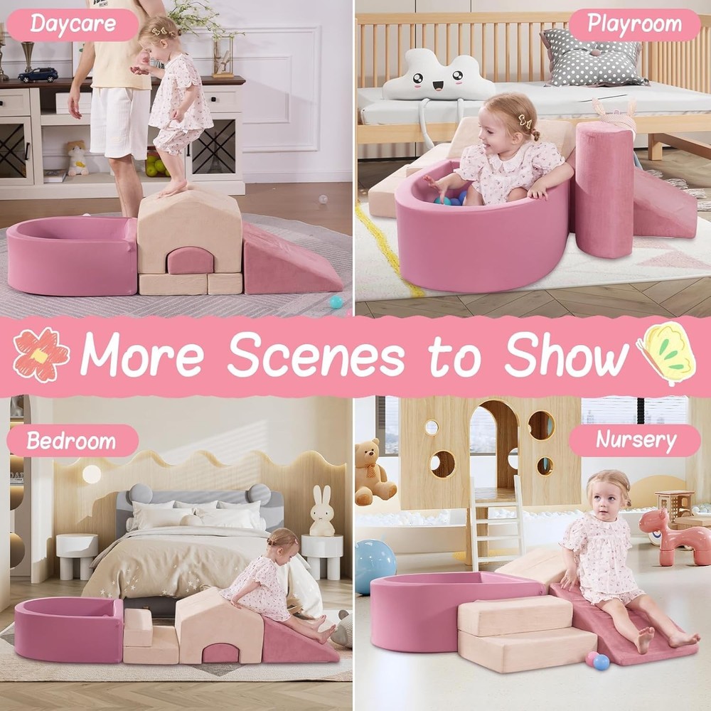 Soft Play Climbing Blocks Set with Ball Pit, Pink/Beige