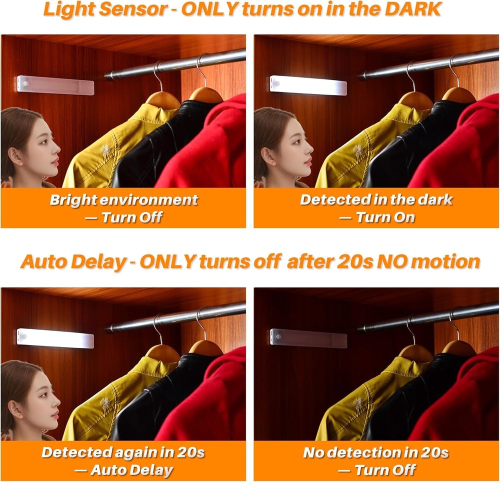 Magnetic cabinet light with motion sensor 8inch LED light 2pack USB rechargeable