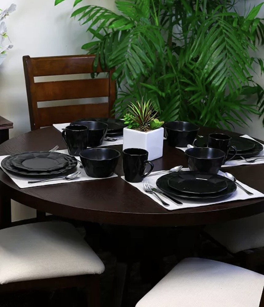 Elama Retro Chic 16 pc Glazed Stoneware Dinnerware Set in Black
